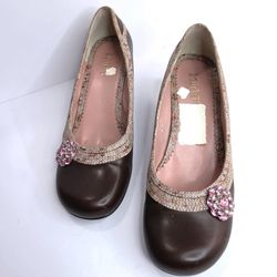 Vtg Mudd Loved Brown Kitten Heels Pink Rhinestone Floral Brooch Pumps 9.5 M Y2K
