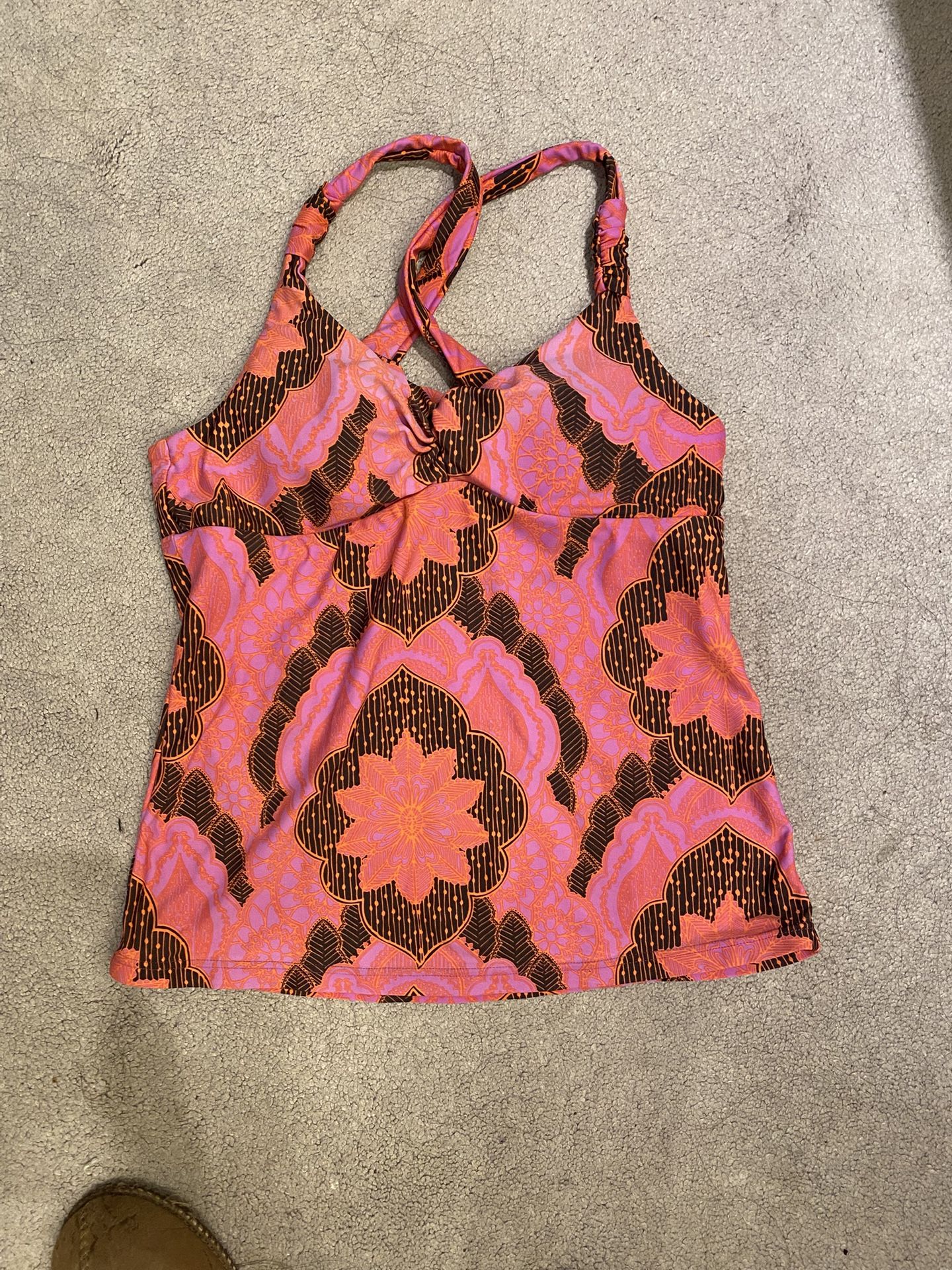 PRANA Womens Sz MEDIUM Tankini Swim Top Manori PINK Boho Racerback Bra Pads