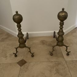 Pair Of Antique Cannonball Brass Andirons