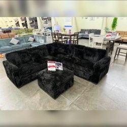 Black Corduroy Sectional Sofa with Ottoman 99×99"
