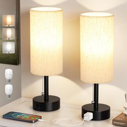 Bedside Table Lamps Set of 2 - 3 Color Temperatures Pull Chain Lamp with AC Outlet Charging Port, Two Round Night Stand Lamps for Bedroom Guest Room O