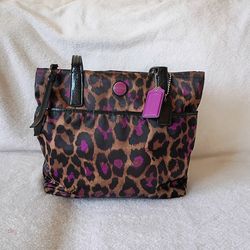 Coach Leopard Print Cargo Tote Purple Zip Bag Shoulder Strap Satin