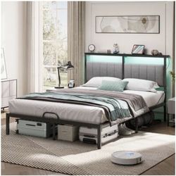 Queen Size Bed Frame with Upholstered Headboard，Metal Platform LED Lights, USB Charging Station & Storage Shelf - Grey Fabric