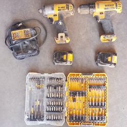 Dewalt Drill / Impact Drill x2 Batteries + Charger & Complete Bit Set