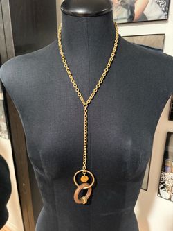 Gold Chain Lariat Necklace with Ring Pendant