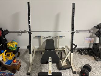Olympic Power rack with bar, EZ curl bar, metal plate and stand/ dumbbells