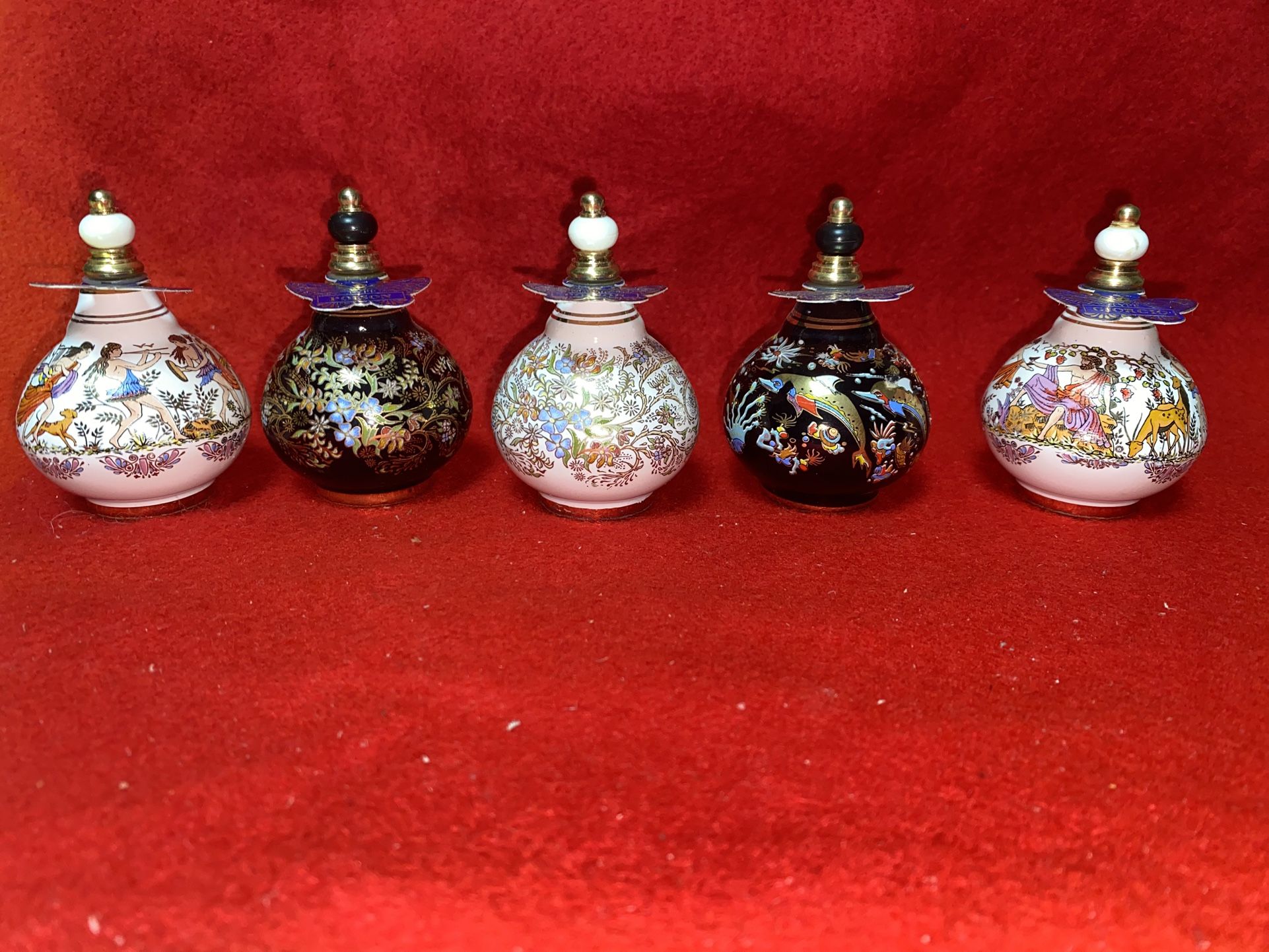 Vintage 3 Inch Set of 5 Oil/Perfume 24k gold Ceramic Vase Collectibles (Read Description)