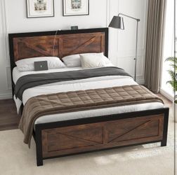 King Size Led Bed Frame with USB Charging Station, Industrial Platform Bed Frame with Farmhouse Barn Door Headboard, Strong Metal Slats Support, Brown