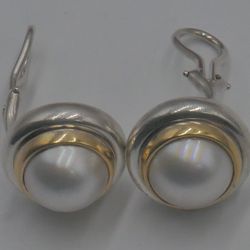 Sterling Silver Post Lever Back Earrings with 18 kt gold ; 12mm pearls 14.8 gr. 879204-1.