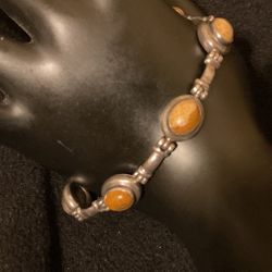 Vintage 925 Sterling Silver Bracelet With Genuine Jasper And Tiger’s Eye Stones…7”