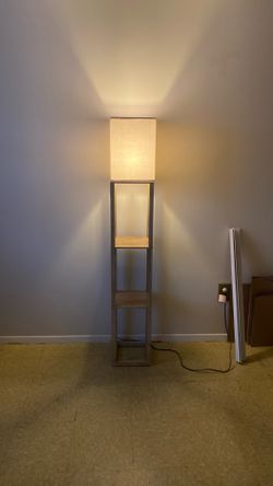 Wooden floor lamp with shelves