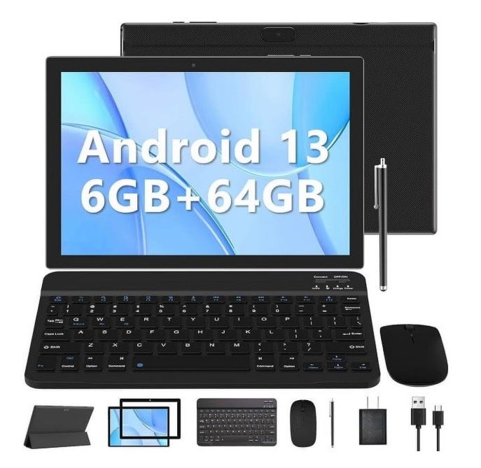 10.1 Inch 2 in 1 6GB RAM+64GB ROM Android 13 Tablet with Keyboard Case, Black
