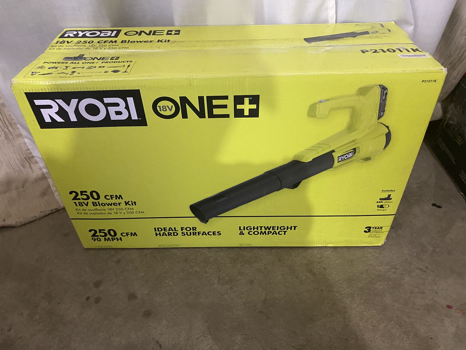 RYOBI ONE+ 18V 90 MPH 250 CFM Cordless Battery Leaf Blower/Sweeper with 2.0 Ah Battery and Charger