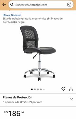 Ergonomic swivel task chair, armless, black leather and mesh.