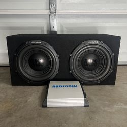 Audiotek Amp 1200W and Alpine Subs 12” with Enclosure 
