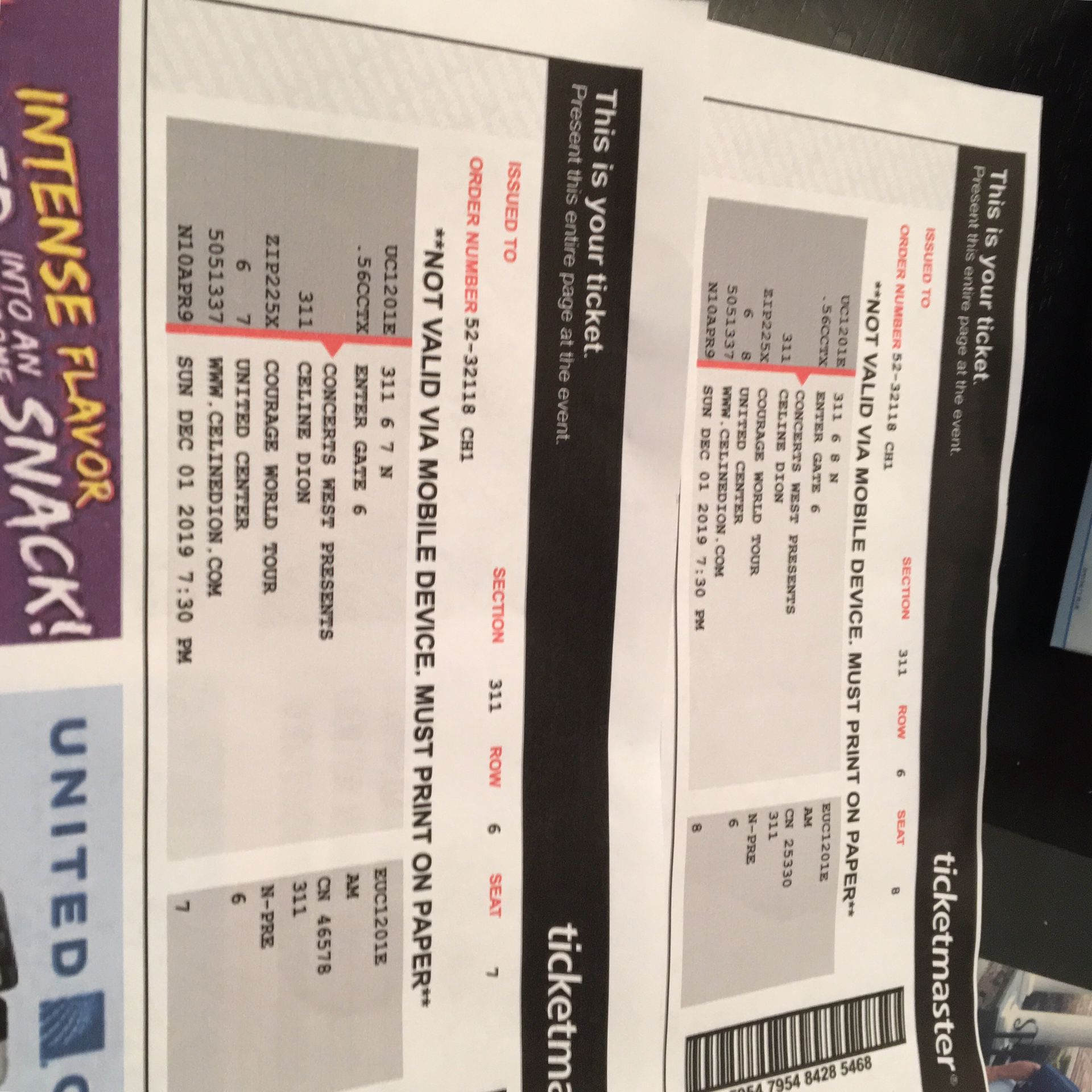 2 tickets to Celine Dion concert at United Center on December 1st.