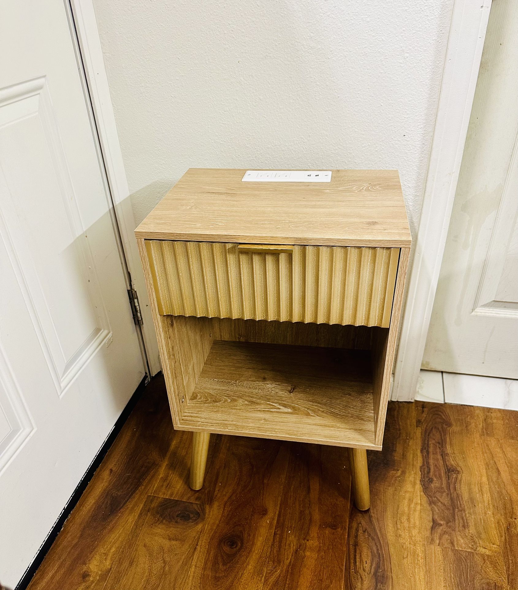 Wood Side End Table Nightstand with Charging Outlets USB Ports New Condition Size Length 16", Width 12", Height 24"