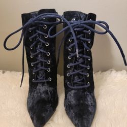 Brand New Justfab Navy Blue Velvet Lace Up 4.5 High Heel Boots Size 6
