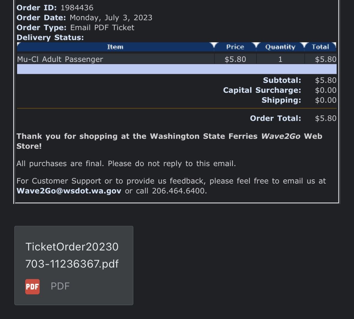 Ferry Tickets - Mukilteo / Clinton Adult Passenger