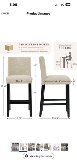 26'' Faux Leather Bar Stools, Modern Upholstered Bar Height Bar Chairs, Soild Wood Legs Barstools with Back, Beige   99 &50