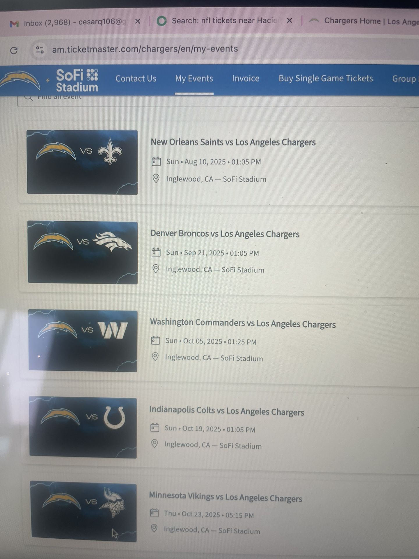 Chargers Tickets- All games 4 Seats