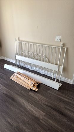 White Metal Bed Frame with Slats