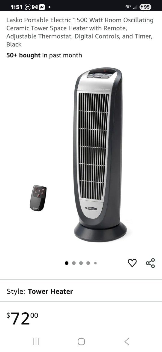 Lasko 22" 1500W Oscillating Ceramic Tower Space Heater , Black,