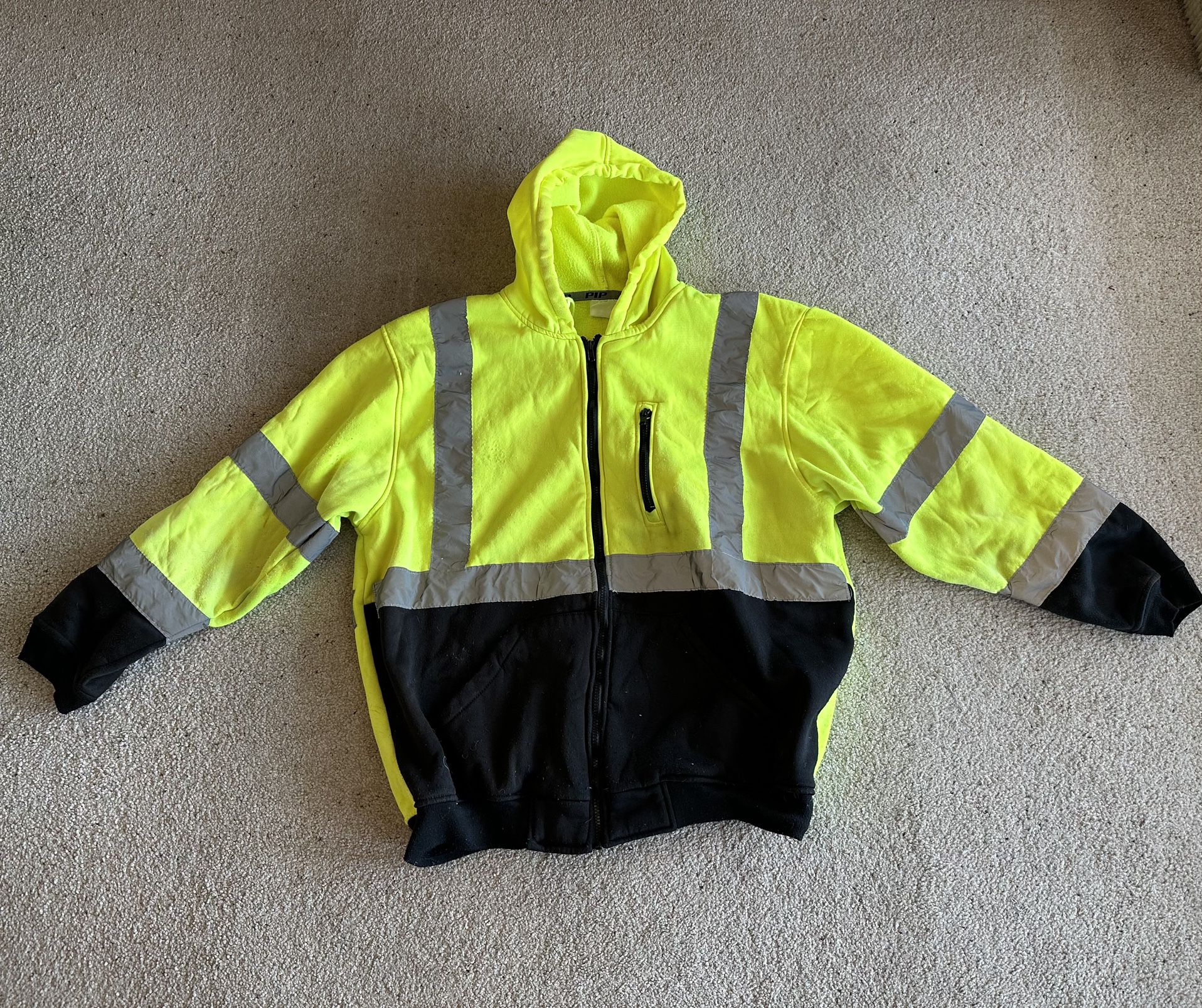 PIP Men’s 2XL 2X Large Type R Class 3 Yellow Lime Black Bottom Full Zip Hooded Safety Sweatshirt Jacket Hoodie Construction Survey