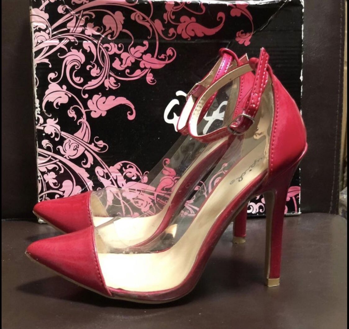 Women’s Qupid Cap Toe Pumps Fuchsia And Clear Pearlized PAT PU Size 6