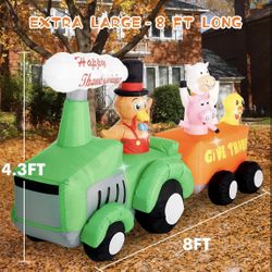 8.2 Ft Thanksgiving Inflatables Turkey Sitting on The Train with Pumpkin Owl - Lighted Thanksgiving Blow up Yard Decorations, Giant Blow up Turkey Tha