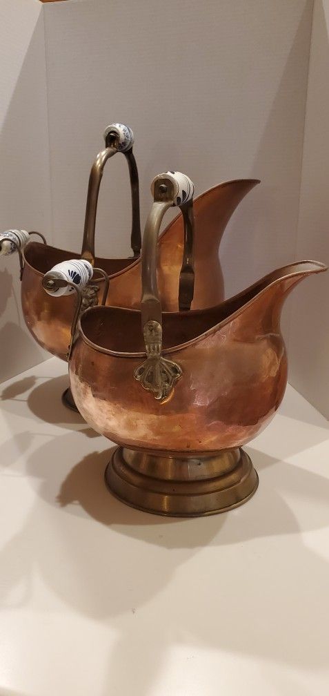 Antique 2 pc Brass Copper Coal Scuttles