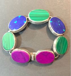 Vintage Taxco Mexico Sterling 925 Silver Multicolored Link Bracelet