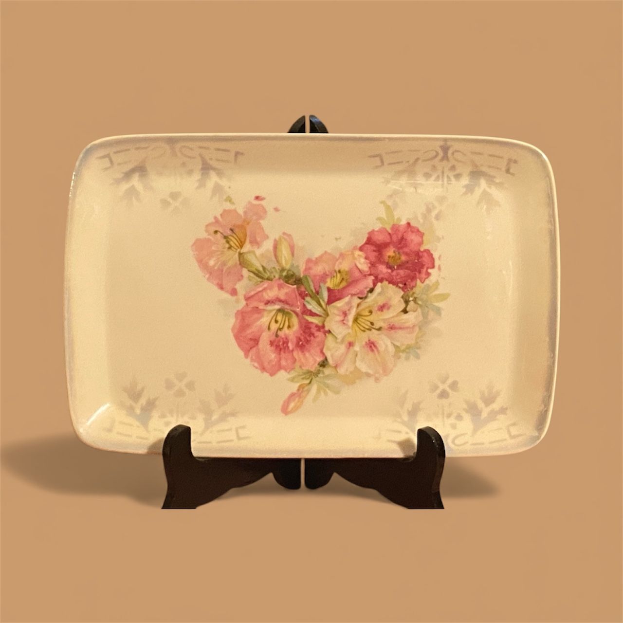 Vintage Elegant Rectangular Serving Tray With Pink Flowers On Cream Background