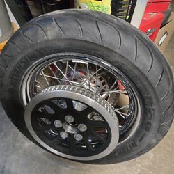Harley Rear Tire and Rim. Pully Has A Bigger Offset Than My Sportster I Cant Use It. Really Nice Rim With Good Tire