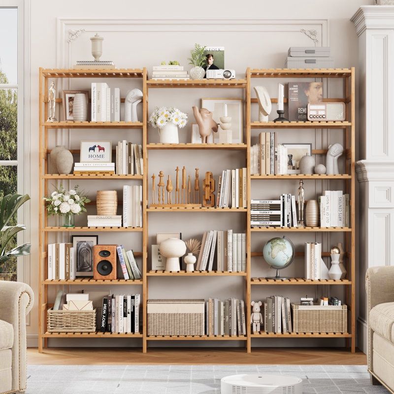 63.4"H Bamboo Triple Wide Bookcase With 17 Shelves, Wood Storage Standard Bookshelves