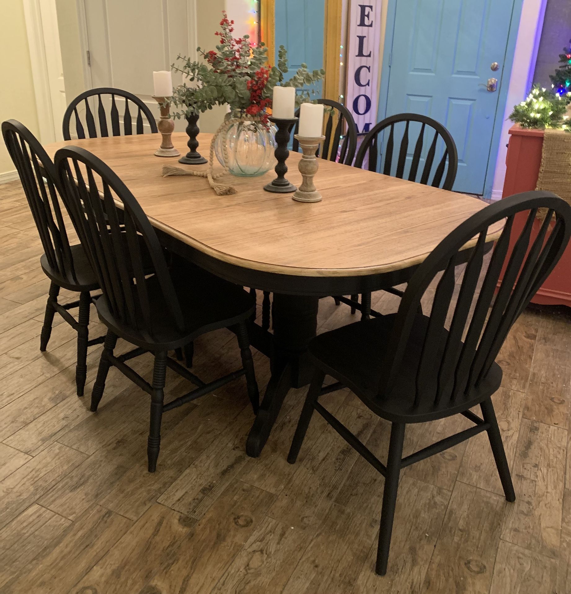 Farmhouse/ Modern Farmhouse/ Modern Cottage Dining Set W/6 Chairs & 1 Leaf