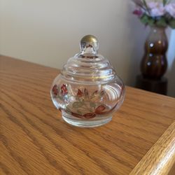 Glass Trinket Dish with Lid Floral Flowers Gold Red Roses Ribbon