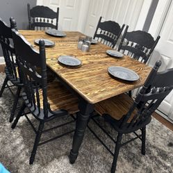 Solid Burned Oak Dining Set with 6 Matching Chairs and Extension Leaf Refinished- 