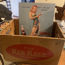 1940s Red rock Cola Cardboard Crate And Reproduction Metal Sign
