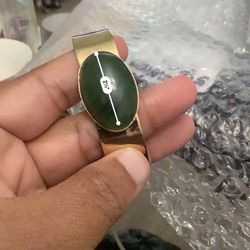 Gold-Tone Cuff Bracelet W/Green Stone & Round End Accents
