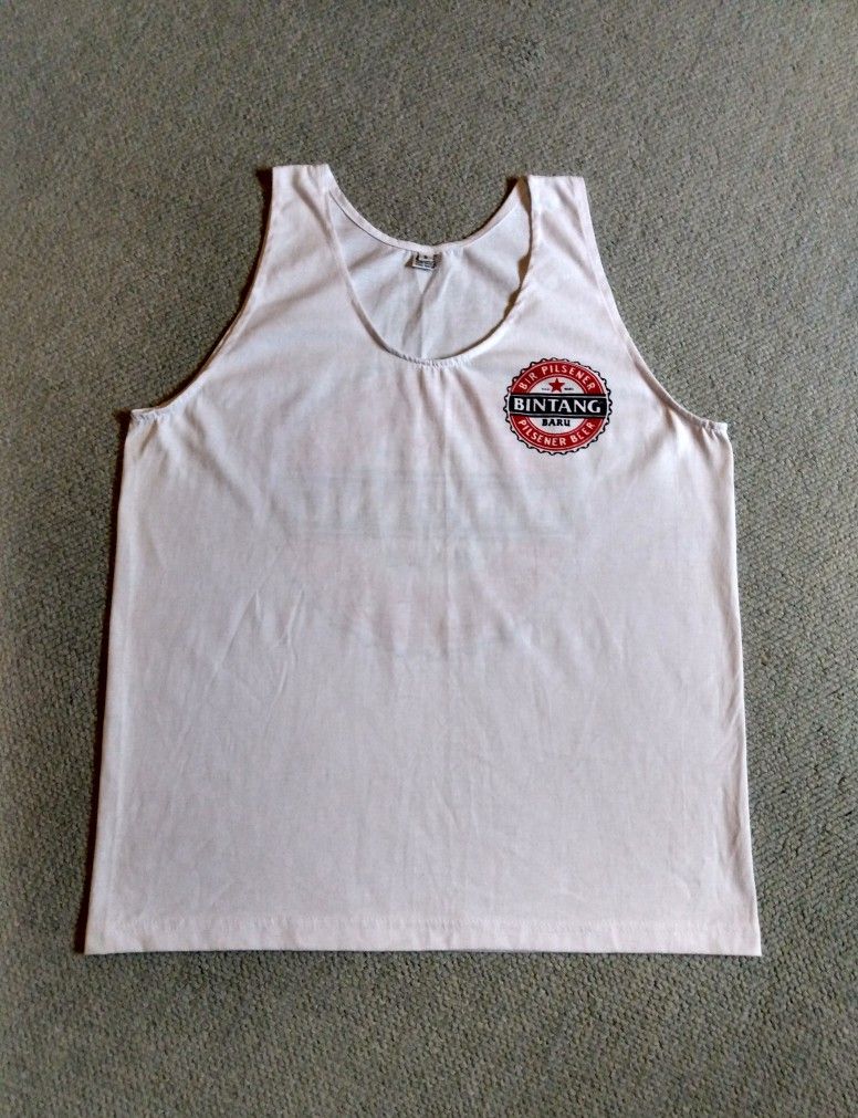VINTAGE GRAPHIC SLEEVELESS WHITE UNISEX COTTON TEE SIZE SMALL BINTANG BIR PILSNER BEER BARU - MADE IN INDONESIA
