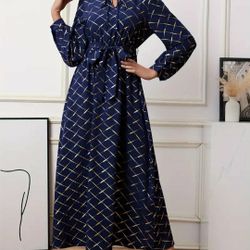 Elegant Geometrical Pattern Long Sleeves Navy Blue Women Dress