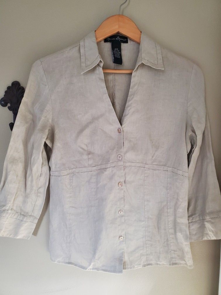 Mercer & Madison Beige Natural Linen Button Down Blouse Shirt - Womens Size M