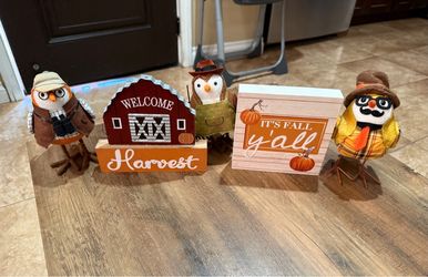 Fall Harvest Owl Figurines and Signs Set