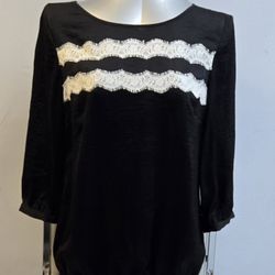 Black Silky Top With Lace Detail Size M