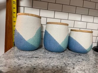 Set of 3 Ceramic Canisters with wood Lids
