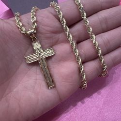14k 4mm 22in Rope Chain W Cross