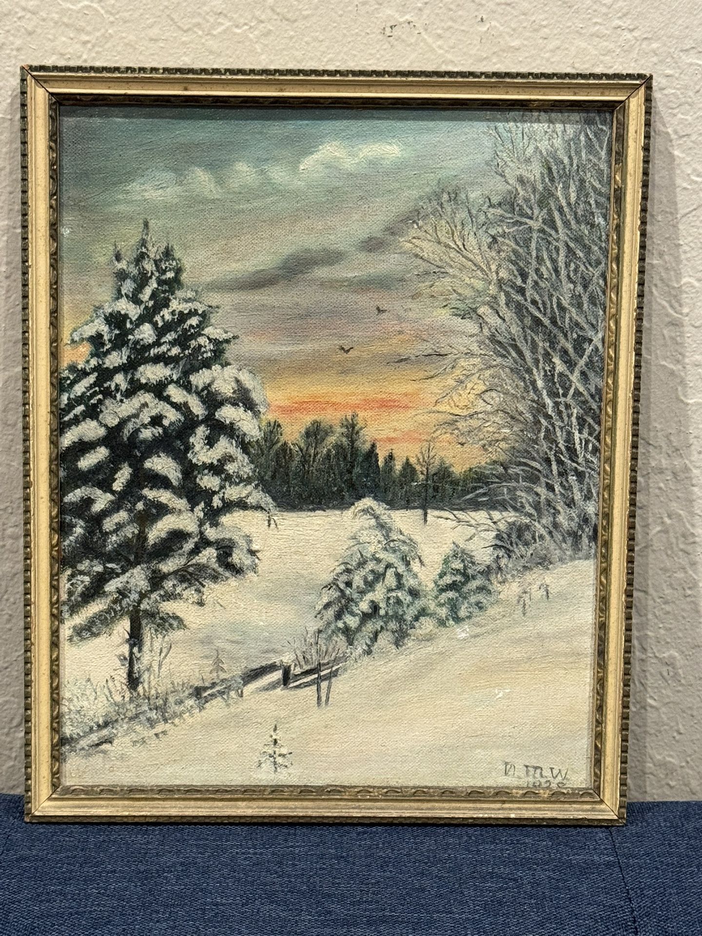 Antique 1938 Winter Sunset Landscape Oil Painting signed N.M.W.