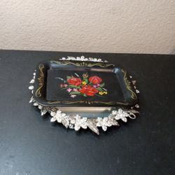 GORGEOUS Handpainted Black Toleware 4"x6" Mini Tray.

