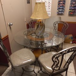 Glass Table Metal Chairs, Leather Trim On Table, Wood Backs On The Seat Reupholstered Seat Cushions